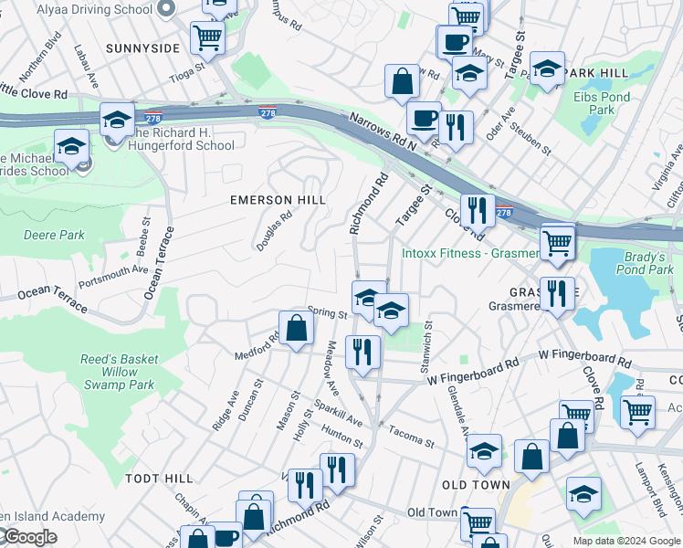 map of restaurants, bars, coffee shops, grocery stores, and more near 25 Wilsonview Place in Staten Island