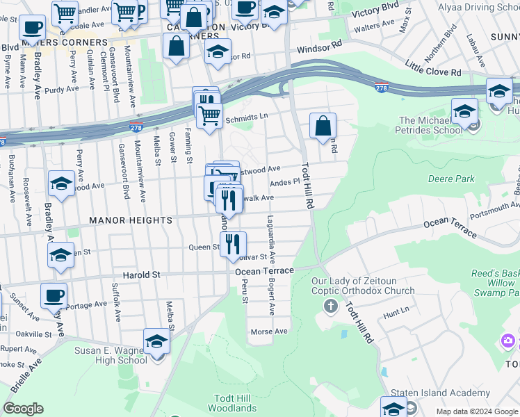 map of restaurants, bars, coffee shops, grocery stores, and more near 146 Laguardia Avenue in Staten Island