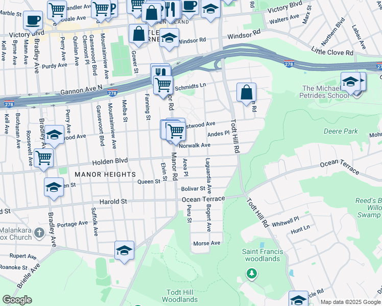 map of restaurants, bars, coffee shops, grocery stores, and more near 36 Norwalk Avenue in Staten Island