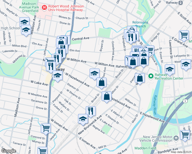 map of restaurants, bars, coffee shops, grocery stores, and more near 1075 Bryant Street in Rahway