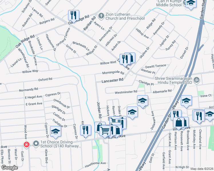 map of restaurants, bars, coffee shops, grocery stores, and more near 85 Lancaster Road in Woodbridge Township