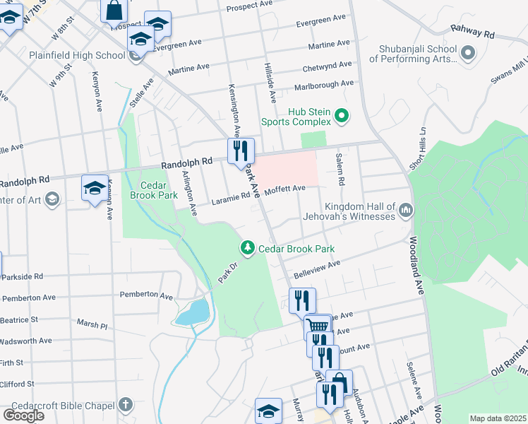 map of restaurants, bars, coffee shops, grocery stores, and more near 1267 Park Avenue in Plainfield