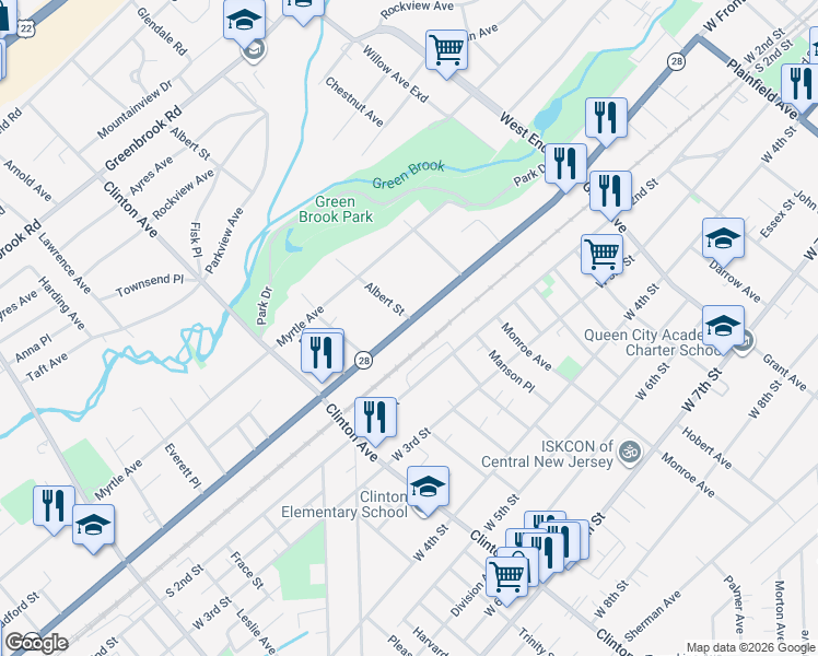 map of restaurants, bars, coffee shops, grocery stores, and more near in Plainfield