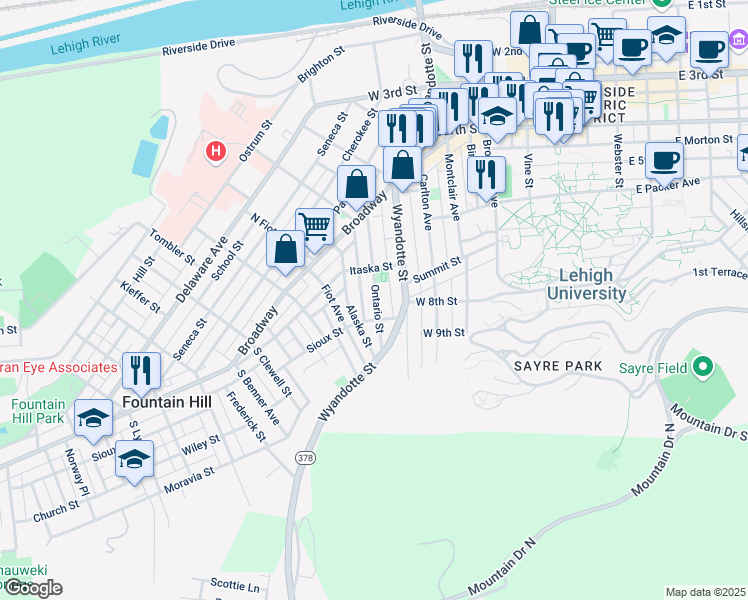 map of restaurants, bars, coffee shops, grocery stores, and more near 623 Jischke Street in Bethlehem