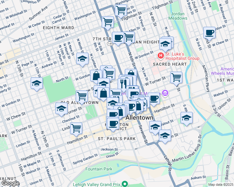 map of restaurants, bars, coffee shops, grocery stores, and more near 721 West Turner Street in Allentown