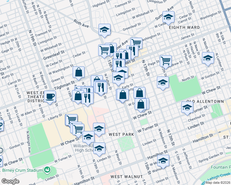map of restaurants, bars, coffee shops, grocery stores, and more near 1509 Early Street in Allentown