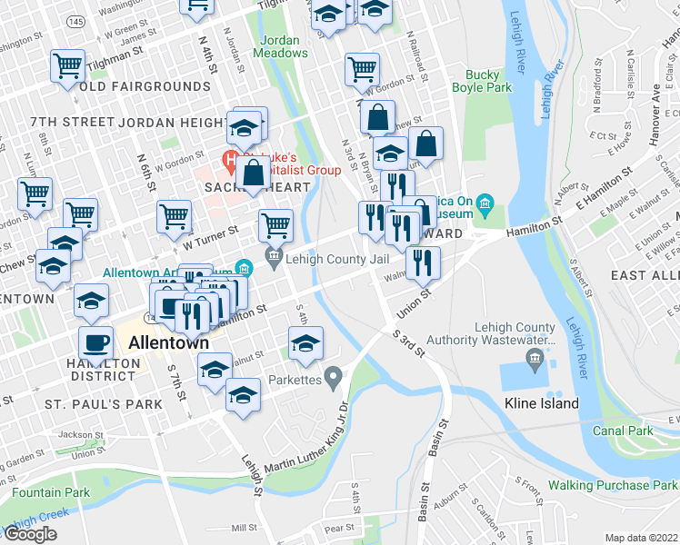 map of restaurants, bars, coffee shops, grocery stores, and more near 355 Hamilton Street in Allentown