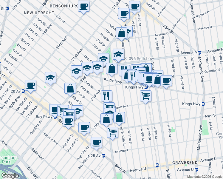 map of restaurants, bars, coffee shops, grocery stores, and more near 1704 West 13th Street in Brooklyn