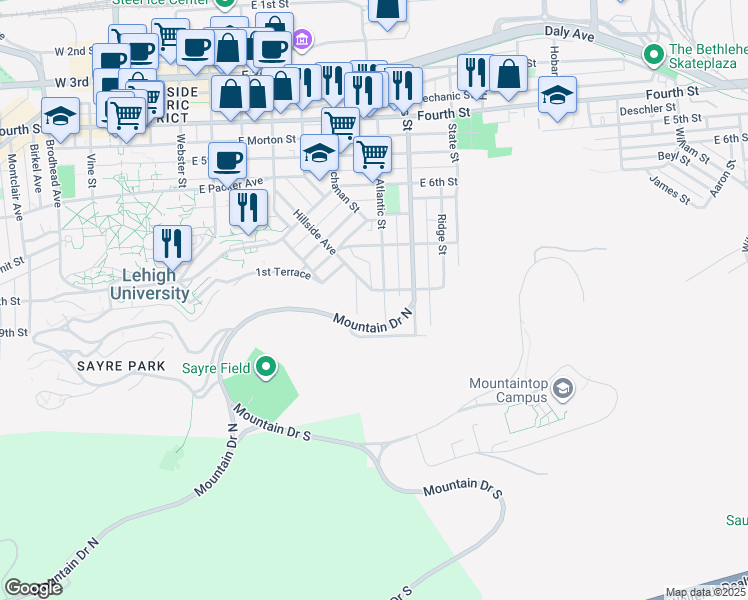 map of restaurants, bars, coffee shops, grocery stores, and more near 802 Atlantic Street in Bethlehem