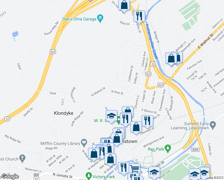 map of restaurants, bars, coffee shops, grocery stores, and more near 68 North Pine Street in Lewistown