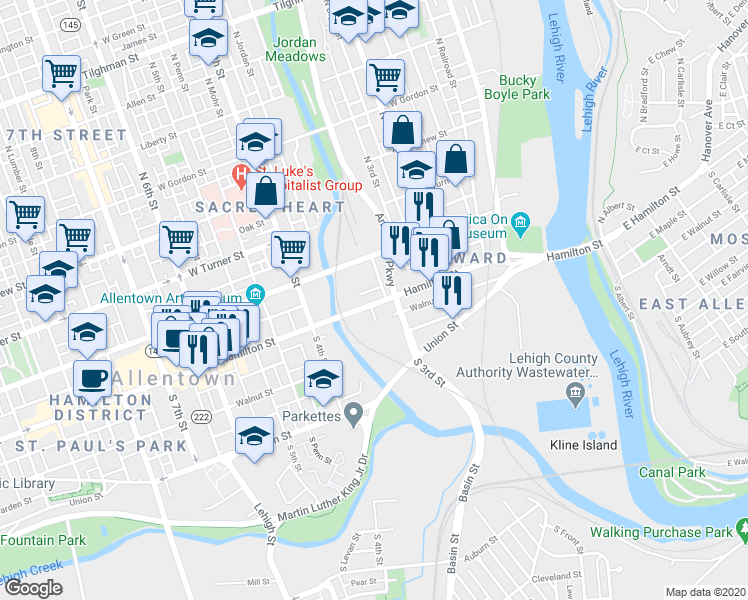 map of restaurants, bars, coffee shops, grocery stores, and more near 343 W Hamilton St in Allentown
