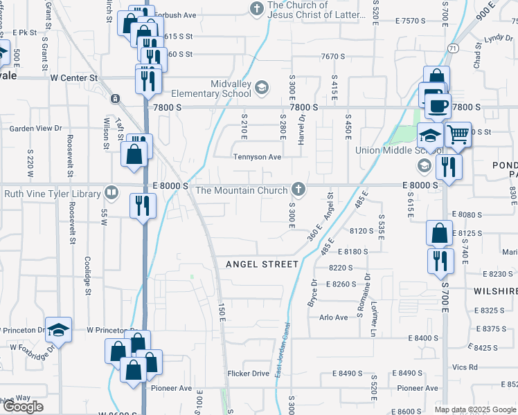 map of restaurants, bars, coffee shops, grocery stores, and more near 8054 South Mill Grove Lane in Sandy