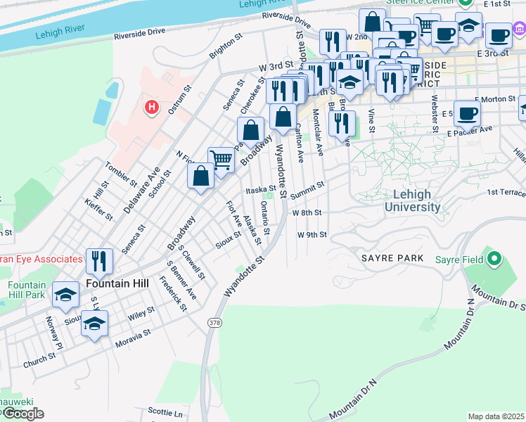 map of restaurants, bars, coffee shops, grocery stores, and more near 623 Jischke Street in Bethlehem