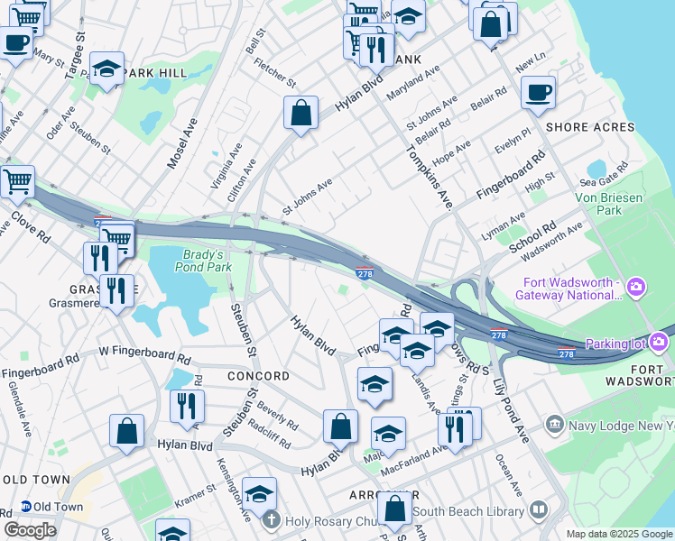 map of restaurants, bars, coffee shops, grocery stores, and more near Narrows Road South in Staten Island