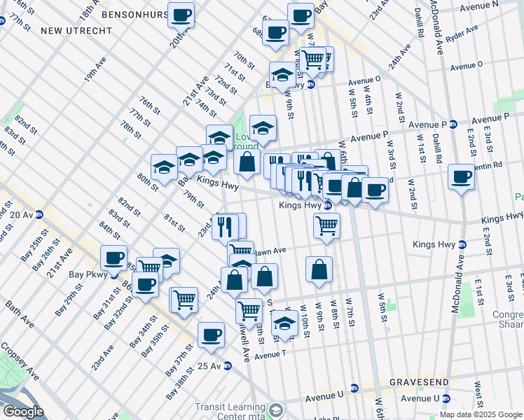 map of restaurants, bars, coffee shops, grocery stores, and more near 1717 West 12th Street in Brooklyn