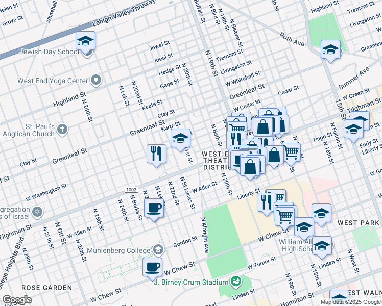 map of restaurants, bars, coffee shops, grocery stores, and more near 729 North 21st Street in Allentown