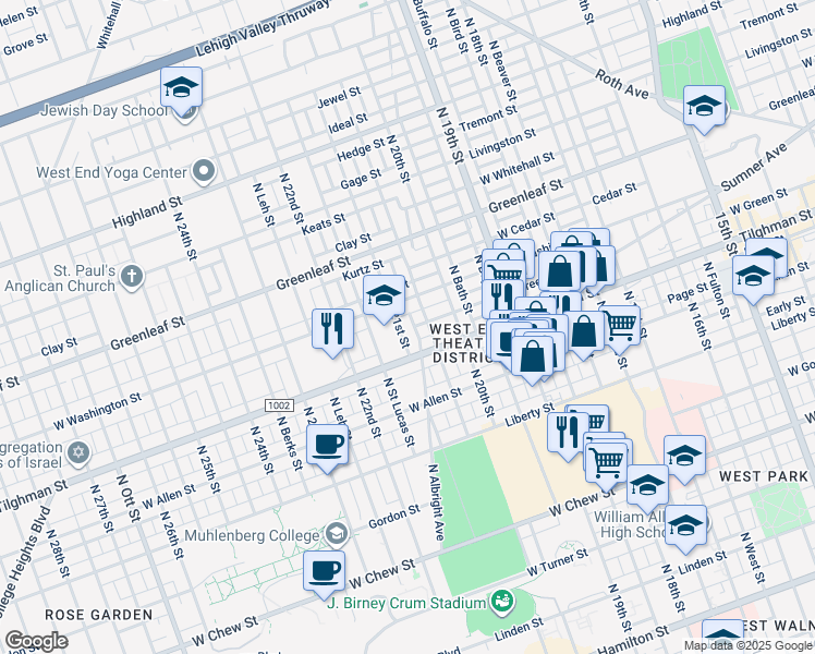map of restaurants, bars, coffee shops, grocery stores, and more near 729 North 21st Street in Allentown