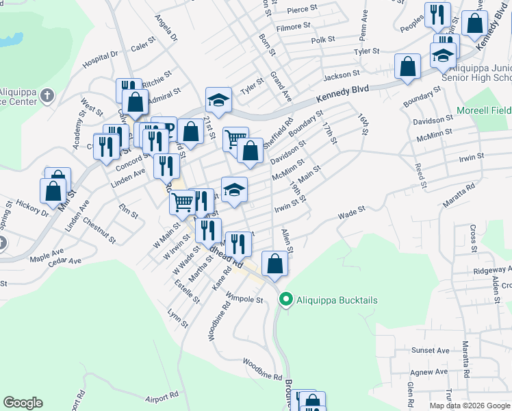 map of restaurants, bars, coffee shops, grocery stores, and more near 2001 Main Street in Aliquippa