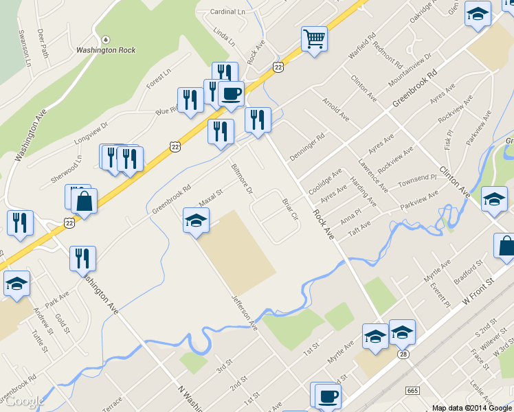 map of restaurants, bars, coffee shops, grocery stores, and more near 11 Briar Circle in Green Brook Township