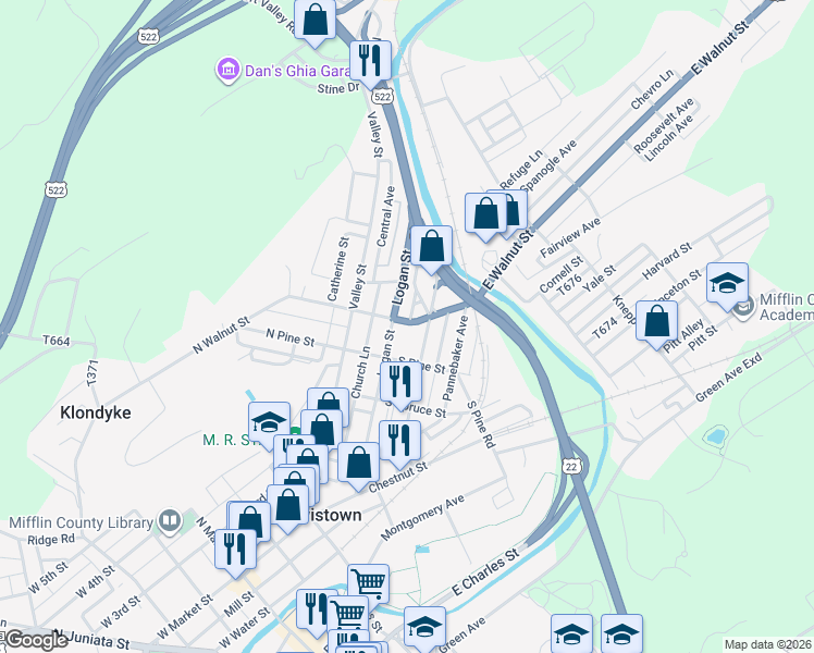 map of restaurants, bars, coffee shops, grocery stores, and more near 104 South Walnut Street in Lewistown