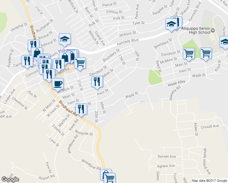 map of restaurants, bars, coffee shops, grocery stores, and more near 1103 19th St in Aliquippa