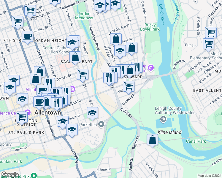 map of restaurants, bars, coffee shops, grocery stores, and more near 1 North Race Street in Allentown
