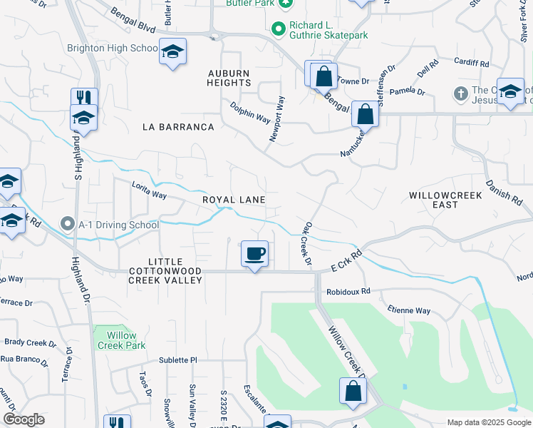 map of restaurants, bars, coffee shops, grocery stores, and more near 2408 Royal Lane in Cottonwood Heights