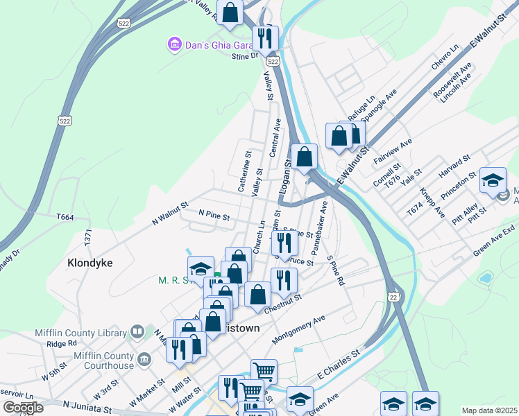 map of restaurants, bars, coffee shops, grocery stores, and more near 320 Valley Street in Lewistown