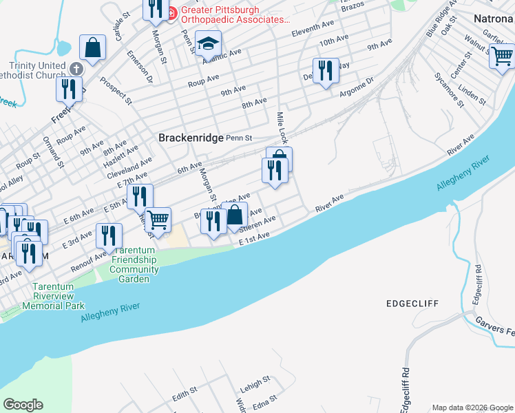 map of restaurants, bars, coffee shops, grocery stores, and more near 1056 Hathaway Street in Brackenridge