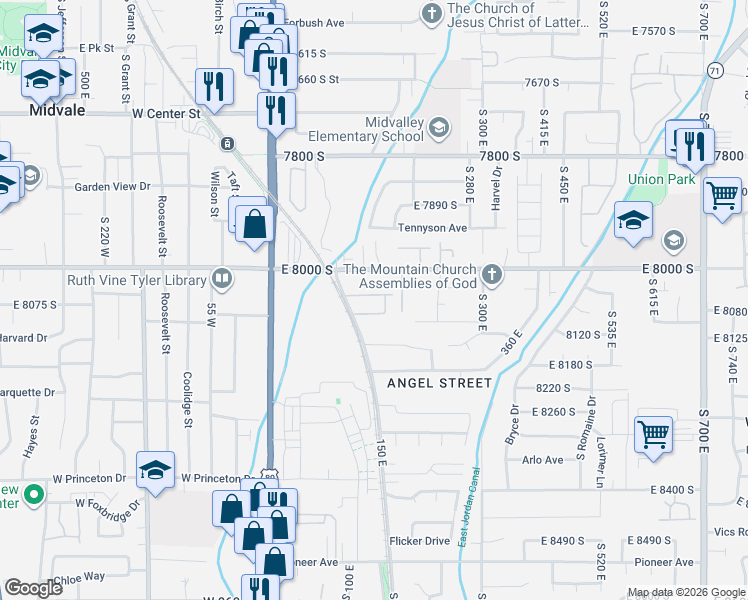 map of restaurants, bars, coffee shops, grocery stores, and more near 148 Station Street in Sandy
