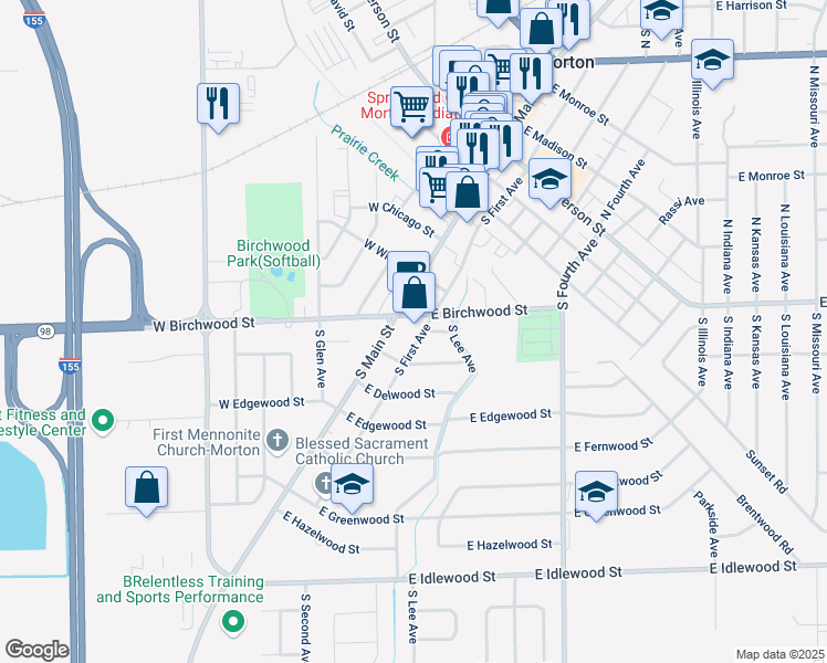 map of restaurants, bars, coffee shops, grocery stores, and more near 600 South First Avenue in Morton