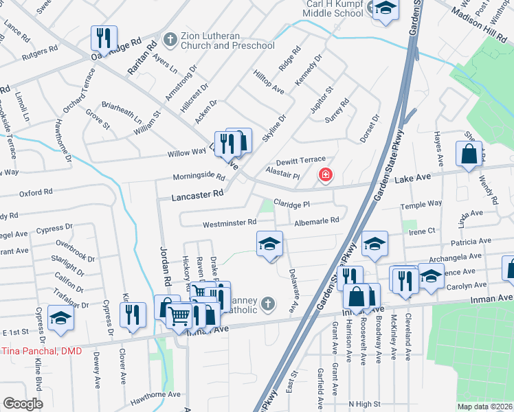 map of restaurants, bars, coffee shops, grocery stores, and more near 29 Cameo Place in Woodbridge Township