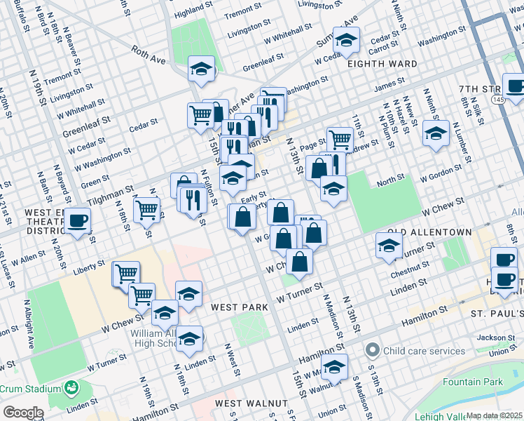 map of restaurants, bars, coffee shops, grocery stores, and more near 1420 Liberty Street in Allentown
