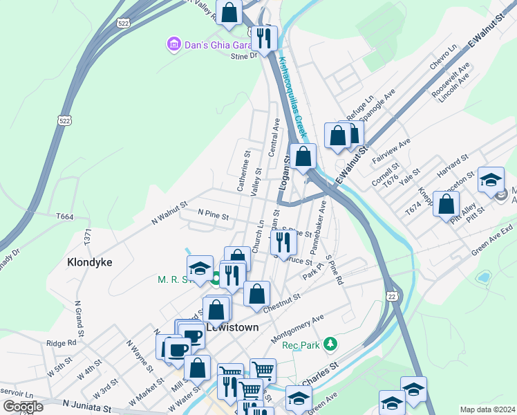 map of restaurants, bars, coffee shops, grocery stores, and more near 320 Valley Street in Lewistown