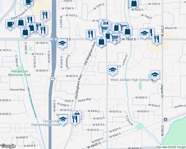 map of restaurants, bars, coffee shops, grocery stores, and more near 3298 8065 South in West Jordan