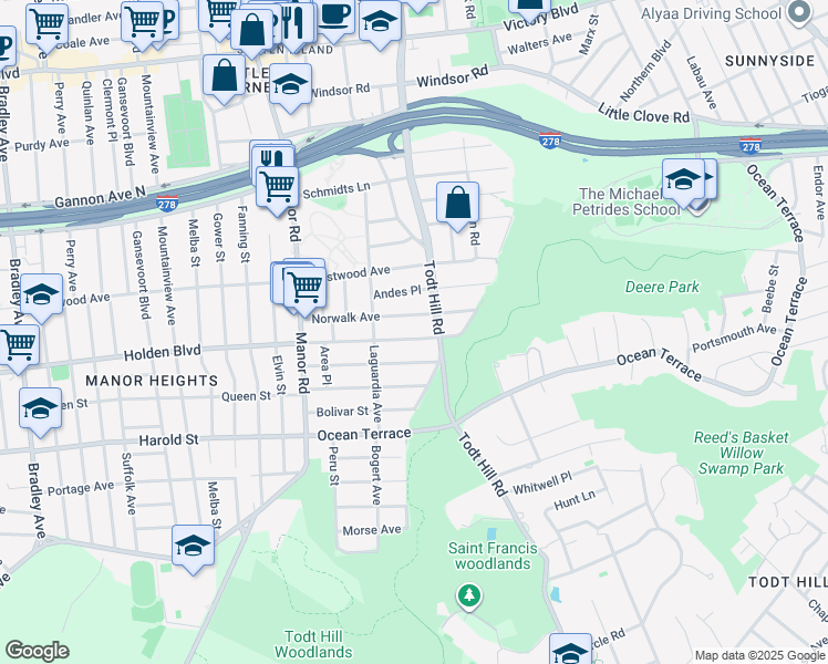 map of restaurants, bars, coffee shops, grocery stores, and more near 121 Tillman Street in Staten Island