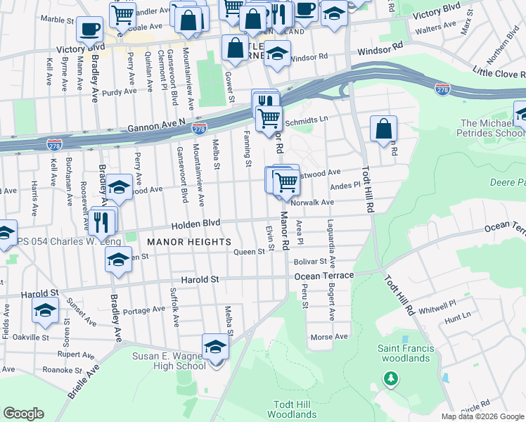 map of restaurants, bars, coffee shops, grocery stores, and more near 253 Fanning Street in Staten Island