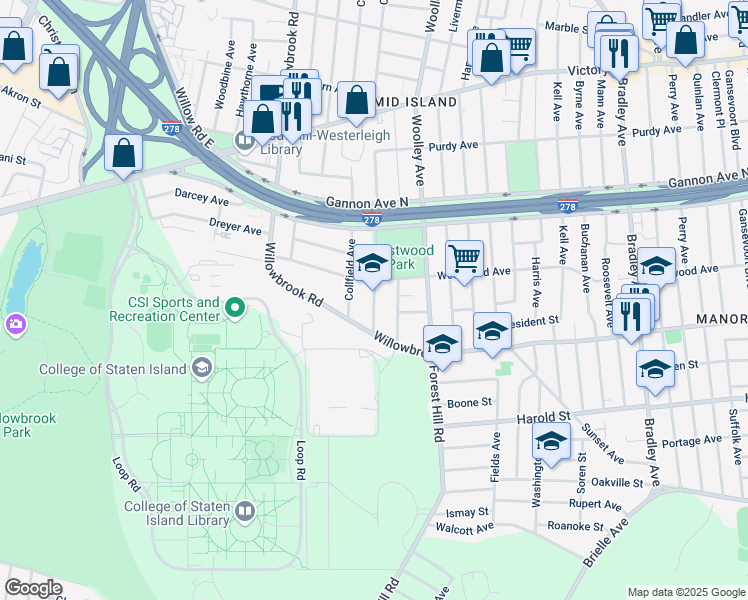 map of restaurants, bars, coffee shops, grocery stores, and more near 240 Woodward Avenue in Staten Island