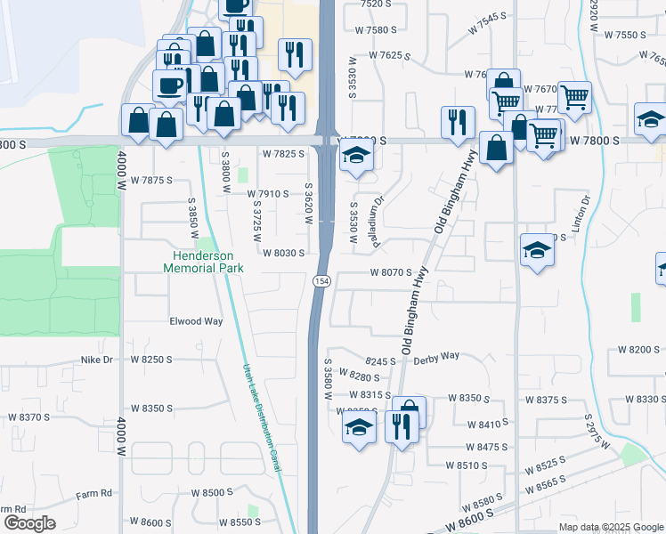 map of restaurants, bars, coffee shops, grocery stores, and more near 3570 West 8070 South in West Jordan