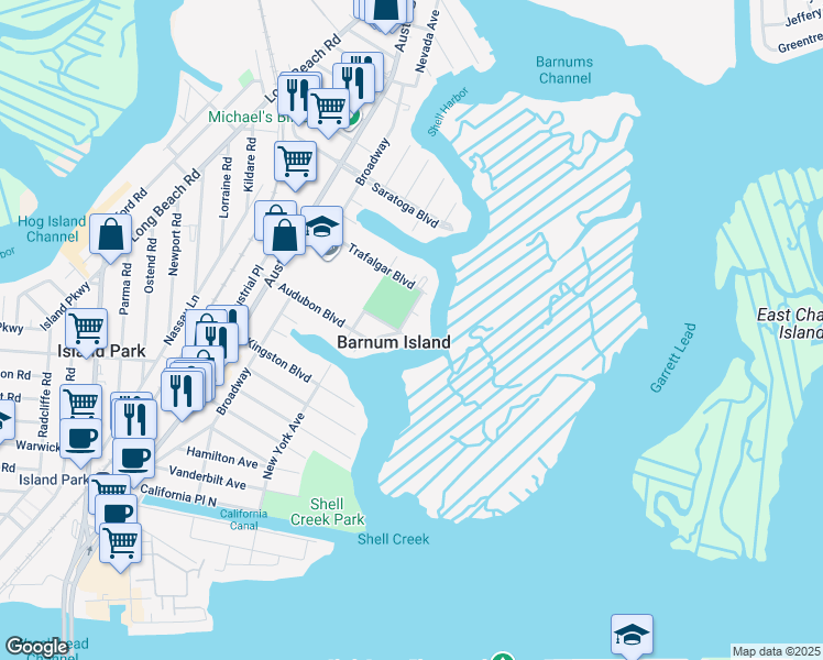 map of restaurants, bars, coffee shops, grocery stores, and more near 241 Morningside Avenue in Island Park