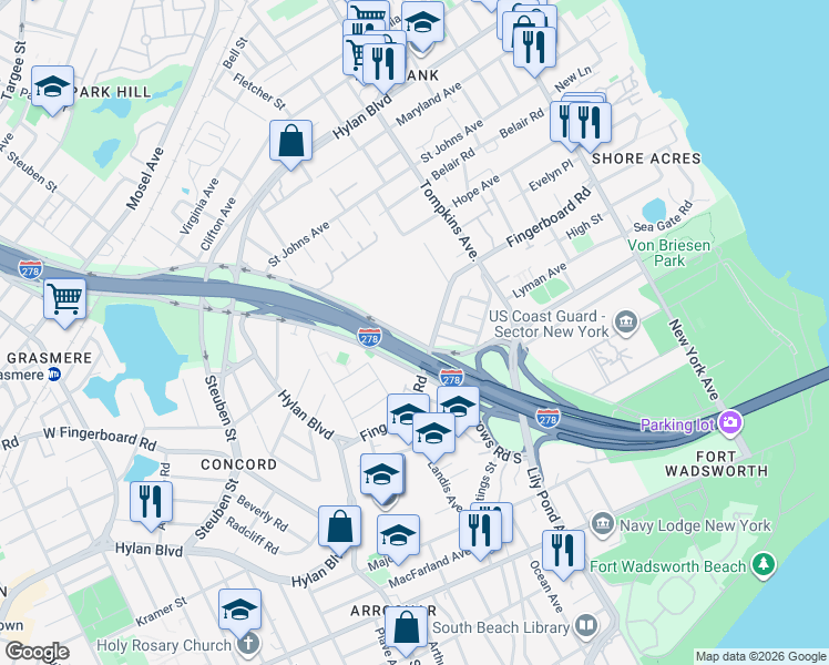 map of restaurants, bars, coffee shops, grocery stores, and more near 53 Narrows Road North in Staten Island