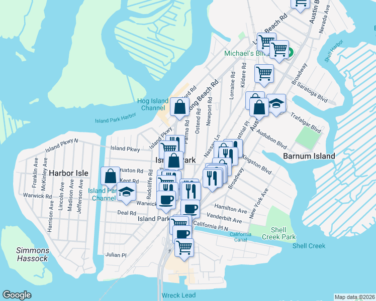 map of restaurants, bars, coffee shops, grocery stores, and more near 77 Parma Road in Island Park