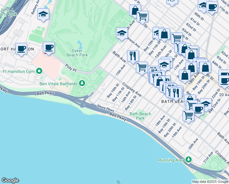 map of restaurants, bars, coffee shops, grocery stores, and more near 291 Bay 10th Street in Brooklyn