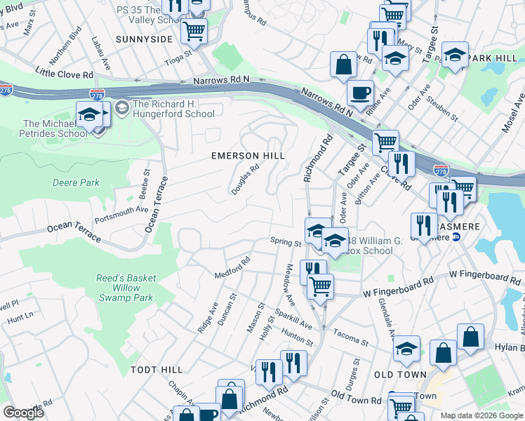 map of restaurants, bars, coffee shops, grocery stores, and more near 20 Lyman Place in Staten Island