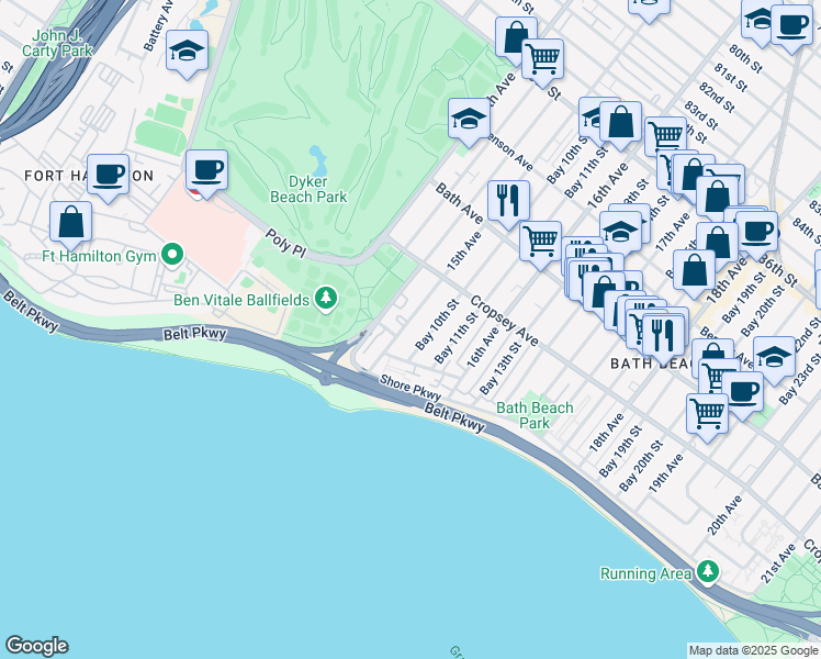 map of restaurants, bars, coffee shops, grocery stores, and more near 8921 15th Avenue in Brooklyn