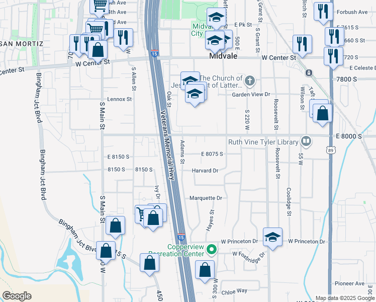 map of restaurants, bars, coffee shops, grocery stores, and more near 436 Cornell Drive in Midvale