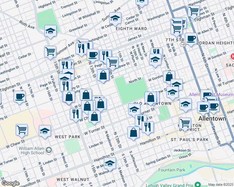 map of restaurants, bars, coffee shops, grocery stores, and more near 1202-1204 West Gordon Street in Allentown