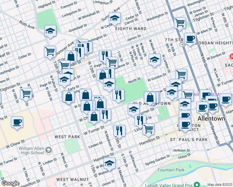 map of restaurants, bars, coffee shops, grocery stores, and more near 1202-1204 West Gordon Street in Allentown