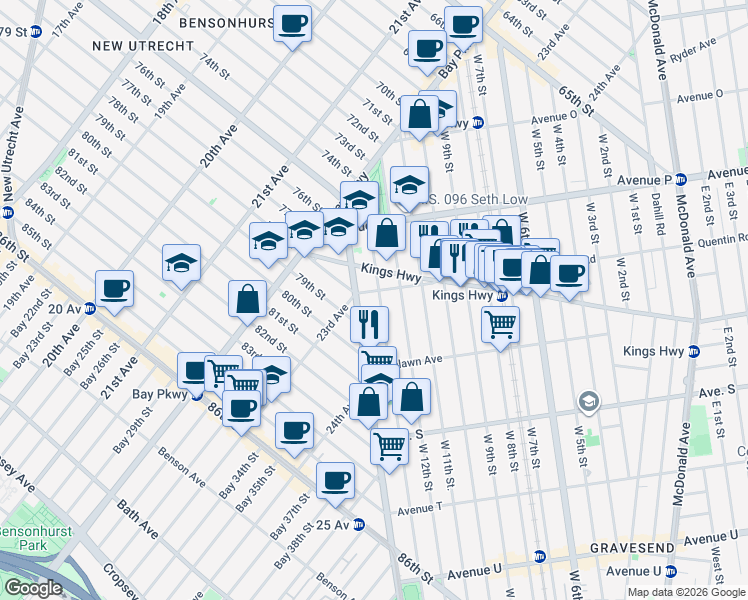 map of restaurants, bars, coffee shops, grocery stores, and more near 1708 West 13th Street in Brooklyn