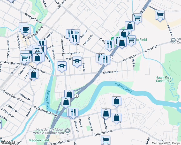 map of restaurants, bars, coffee shops, grocery stores, and more near 574 East Milton Avenue in Rahway